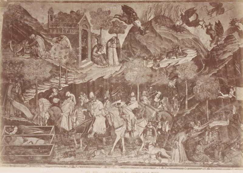 La Cavalcata nel trionfo della morte, Photo reproduction of the fresco Trionfo della Morte in the Camposanto in Pisa, Italy, Pisa, photograph, reproduction, number: '1055.', after painting by Buonamico Buffalmacco (attributed to), 1851 - 1900, photographer, Toscane, Attributed to, pasteboard, paper, albumen print, albumendruk, height 309 mm x width 385 mm, picture, painting, wall-covering, Piazza dei Miracoli, Camposanto (Piazza dei Miracoli), A large, sepia-toned historical scene fills the image with numerous human figures, many wearing robes, hats, and armor, some riding horses and some walking; a procession appears across the lower half with riders on horses shown in profile and attendants on foot, while various figures in the mid and upper areas stand, sit, or kneel near rocky terrain and clustered trees. Architectural elements include an arched doorway set into a small building at mid-left, and rocky cliffs and ledges rise behind it toward the upper right where winged, monstrous c...