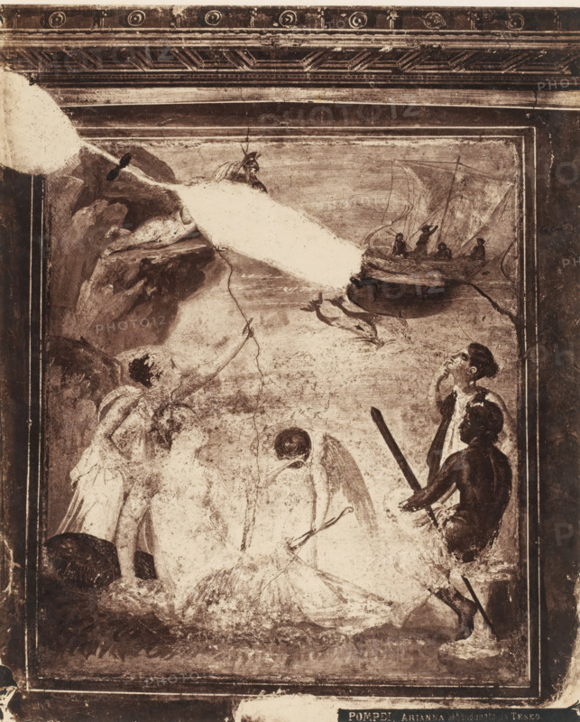 Photo reproduction of a fresco depicting Ariadne and Theseus in Pompeii, Italy, Arianna abbondanata da Teseo, Pompeo, photograph, reproduction, number: '11', inscription: 'Arianne abandonnée, peintiere Pompei', number: '80.', Pompeii, after painting by anonymous, 1851 - 1900, photographer, pasteboard, paper, albumen print, albumendruk, height 401 mm x width 305 mm, picture, painting, wall-covering, Theseus in love with Ariadne, Minos' daughter, A rectangular painted scene within a decorative border shows several human figures in various poses, some partly faded or damaged, with a taller dark-skinned figure on the right holding a long object and looking toward the center, a crouched or seated figure with wings near the middle holding a slender staff, and other standing figures to the left with flowing garments and indistinct faces. Above the central area a small boat with multiple occupants is depicted on water, sails and rigging visible, and a rocky outcrop or cliff appears on the uppe...