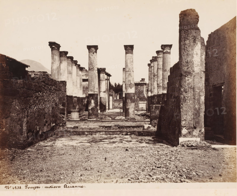 Remains of Ariadne's house in Pompeii, Italy, Maison Arianne, Pompei, photograph, number: '59', number: '11', number: 'No 4238', photographer: attributed to Giorgio Sommer, Pompeii, 1857 - 1875, Giorgio Sommer, photographer, Attributed to, pasteboard, paper, albumen print, height 306 mm x width 403 mm, ruin of a dwelling, house, castle, A wide, sepia-toned view of an ancient ruin featuring rows of tall, fluted stone columns with carved capitals extending into the distance, flanked by rough stone walls on both sides, with fragments of broken columns and rubble scattered on the ground and a flat, worn stone pathway leading toward the columns; the sky above is pale and empty and a rounded hill is visible behind the left-side ruins.