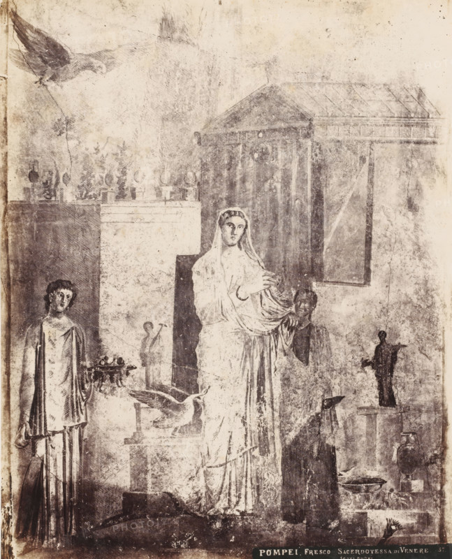 Fresco Sacerdotessa di Venere Scavi Nuovi, Photo reproduction of a fresco in the Temple of Venus at Pompeii, Italy, Pompeii, photograph, reproduction, number: '11', number: '19.', after painting by anonymous, 1851 - 1900, photographer, pasteboard, paper, albumen print, height 245 mm x width 401 mm, wall-covering, Tempio di Venere, A faded monochrome fresco shows a central robed female figure standing with a veil over her head and a garment draped around her body, her hands raised near her chest; to her left a smaller standing figure in a long robe holds an object near waist height, and a bird with outstretched wings sits on a low altar in front of them; to the right a darker-clad figure stands partly behind the central woman, and a small statuette on a pedestal appears nearby; architectural elements including a columned structure with a triangular pediment occupy the upper right, and a row of small rounded objects atop a ledge appears in the upper left; a large bird is depicted in flig...