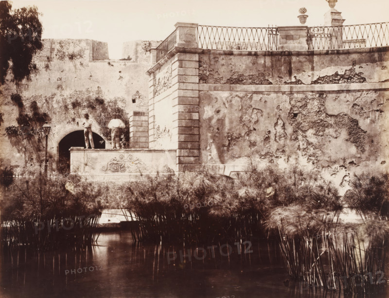 View of the Fountain of Arethusa in Syracuse, Italy, Fontana Aretusa, Siracusa, photograph, number: '21', number: 'No. 1389', photographer: Giorgio Sommer, Syracuse (city), 1857 - 1914, Sicily, pasteboard, paper, albumen print, height 310 mm x width 386 mm, pond, pool, Fountain of Arethusa, A sepia-toned photograph showing a weathered stone wall with peeling plaster and exposed masonry, topped by a decorative iron railing and stone balustrade with ornamental vases; in front of the wall a raised stone platform with carved decorative detailing and two figures standing on it, one facing forward and one turned away, with a lamppost nearby and an arched opening behind them partially covered by climbing vegetation; in the foreground dense reeds and papyrus-like plants grow at the edge of a calm reflective body of water.