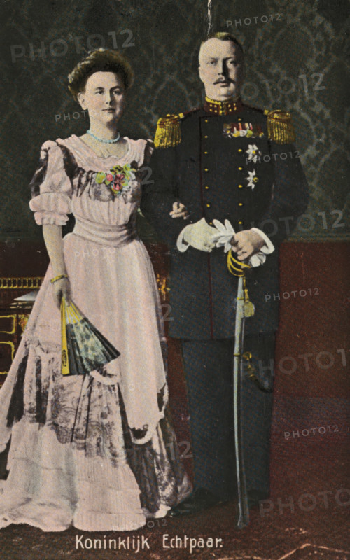 Royal couple, postcard, photomechanical print, photographer: Guy de Coral & Co. (possibly), The Hague, cliché maker: anonymous, Netherlands, publisher: A. Vigevano (publisher), Amsterdam, 1901 - 1910, paper, pasteboard, autotype, hand coloring, height 138 mm x width 87 mm, Person, Wilhelmina of the Netherlands, Hendrik (Prince of the Netherlands), queen, prince, Marriage of Queen Wilhelmina and Prince Hendrik, A formally dressed couple stands side by side against a patterned backdrop, the person on the left wearing a light-colored, full-length gown with puffed sleeves, a floral corsage at the chest, a beaded necklace, and holding a folded handheld fan; the gown shows layered fabric and patterned trims. The person on the right wears a dark military-style uniform with ornamental shoulder epaulettes, visible medals and star-shaped decorations on the chest, white gloves held in one hand, and a ceremonial sword suspended from a belt; both faces are visible with neutral expressions and the f...