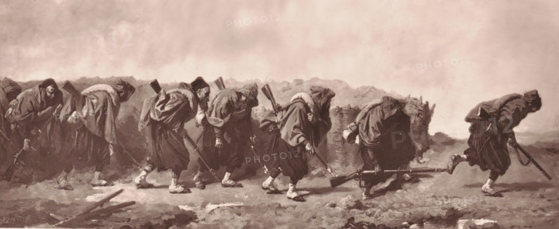 Les Zouaves a la tranchée, Reproduction of Les Zouaves a la tranchée by Isidore Pils, reproduction, page, photomechanical print, inscription: 'Galerie Contemporaine, Littéraire, Artistique, 126, boulevard de Magenta, Paris', photographer: Charles Michelez, cliché maker: Goupil & Cie., after design by Isidore Pils, c. 1871 - c. 1877, paper, Woodburytype, Woodburytypepie, height 108 mm x width 252 mm, the soldier, the soldier's life, trenches, painting, drawing and the graphic arts, A horizontal grayscale scene shows a line of hooded figures walking across rough ground, each wearing long cloaks and carrying long rifles or staffs slung over their shoulders; their heads are bowed and their feet are wrapped in cloth, with some figures leaning forward more than others. The background is an indistinct, cloudy sky above a low, textured horizon, and the foreground contains scattered sticks and small patches of lighter ground; the figures form a continuous procession from left to right, with the...
