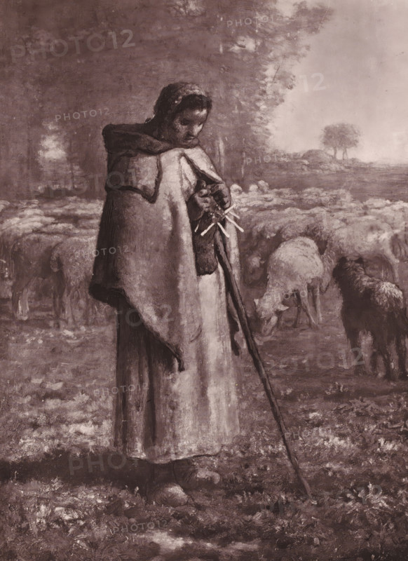 Reproduction of Retour des champs by Jean-François Millet, Retour des champs, reproduction, page, photomechanical print, inscription: 'Jean-François Millet, Galerie Contemporaine', cliché maker: Goupil & Cie., after design by Jean François Millet, c. 1867 - c. 1878, photographer, paper, Woodburytype, Woodburytypie, height 249 mm x width 181 mm, herding, herdsman, herdswoman, shepherd, shepherdess, cowherd, painting, drawing and the graphic arts, herd, flock, A person wearing a cloak and head covering stands holding a long staff, looking down at their hands where small sticks are visible, with a flock of sheep gathered around in a misty, tree-lined landscape.