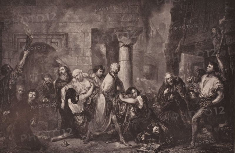 Reproduction of Incendie d'un Quartier Juif by Joseph-Nicolas Robert-Fleury, reproduction, page, photomechanical print, inscription: 'Galerie Contemporaine, Ludovic Baschet, éditeur., 126, boul. Magenta.', cliché maker: Goupil & Cie., after design by Joseph Nicolas Robert-Fleury, c. 1874 - in or before 1879, Goupil & Cie., Joseph Nicolas Robert-Fleury, photographer, cliché maker, after design by, paper, Woodburytype, Woodburytypepie, height 171 mm x width 258 mm, historical persons, painting, drawing and the graphic arts, open fire (in general), A dark, dramatic scene showing a crowded interior with a stone wall and columns in the background and many figures clustered across the foreground, including a central woman wearing a light head covering held by others, a standing figure seen from the back in a long garment, a seated young woman with long dark hair clutching fabric, an elderly bearded man leaning forward with a concerned expression, and a muscular man on the right holding a bun...