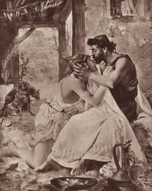 Télémaque retrouvant Ulysse, Photo reproduction of the painting 'Télémaque retrouvant Ulysse' by Georges Truffaut, reproduction, page, photomechanical print, photographer: Adolphe Braun & Cie., cliché maker: Goupil & Cie., after painting by Georges Truffaut, c. 1878 - in or before 1883, paper, Woodburytype, height 244 mm x width 192 mm, most important deeds: Telemachus in search of his father Ulysses (post-Homeric version), A sepia-toned scene shows two adults seated closely, the man holding the woman's head with both hands as he leans in toward her face; the woman looks upward with an open mouth and her hands touch his chest and jaw. The man has dark curly hair, a beard, and a dark sleeveless garment, while the woman wears a light draped dress with a tied sash at the back. They sit on a rough stone surface with draped fabrics around them; bare feet and legs are visible. In the background a rustic wooden beam and a rough plaster wall form an opening to an outdoor space with distant fol...