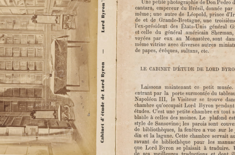 Cabinet d'étude de Lord Byron, Lord Byron's Study, Photographic reproduction of a drawing of Lord Byron's study in the monastery of San Lazzaro degli Armeni, Venice, photograph, reproduction, page, number: '15', after drawing by anonymous, c. 1874 - in or before 1879, photographer, after drawing by, paper, albumen print, height 89 mm x width 130 mm, Photo on unnumbered page opposite page 15., study, 'studiolo', library, San Lazzaro degli Armeni, The image shows a worn, sepia-toned printed page split vertically; the left side displays an illustration of an interior with tall bookshelves filled with books, an ornate table covered with a patterned cloth, and decorative chairs with carved details, while the right side shows aged paper with blocks of printed lines and visible foxing and discoloration.