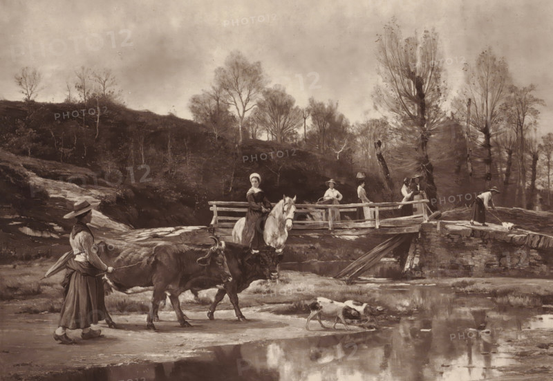 Le gué de Las-Laudiès, le jour du marché d'Aurillac, Photo reproduction of the painting 'Le gué de Las-Laudiès, le jour du marché d'Aurillac' by Léon Barillot, reproduction, page, photomechanical print, photographer: Boussod, Valadon & Cie., cliché maker: anonymous, after painting by Léon Barillot, c. 1879 - in or before 1884, paper, Woodburytype, height 180 mm x width 251 mm, bridge in village across river, canal, A rural scene with tall, leafless trees on a hillside and a wooden footbridge spanning a shallow stream, a woman seated sideways on a light-colored horse near the bridge wearing a bonnet and dark dress, a second woman leading two oxen across the foreground while wearing a wide-brimmed hat and long skirt, two small dogs walking beside the cattle, several women standing on and near the bridge in long skirts and hats, a woman at the far right leaning over the bridge holding a rope attached to a small animal, rocky banks and reflections in the water, and a distant wooded landsca...