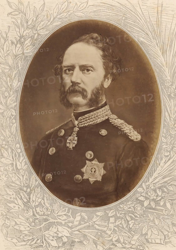 Photo reproduction of a painted portrait of Christian IX, King of Denmark, Christian IX, König von Dänemark, photograph, reproduction, page, after painting by anonymous, c. 1875 - in or before 1880, photographer, paper, albumen print, albumendruk, height 189 mm x width 143 mm, Photo on unnumbered page., Person, historical persons, king, An oval portrait of a man with wavy hair and prominent sideburns and mustache fills the center, showing his head and upper torso in a dark military uniform with decorative braided epaulettes and a high collar; the uniform bears round buttons and a star-shaped medal with a circular center, and a cross-shaped pendant hangs from a braided cord at his throat. The background inside the oval is a smooth, softly shaded surface, and the oval is set within a rectangular border decorated with detailed botanical engravings of leaves, branches, and flowers that frame the portrait.