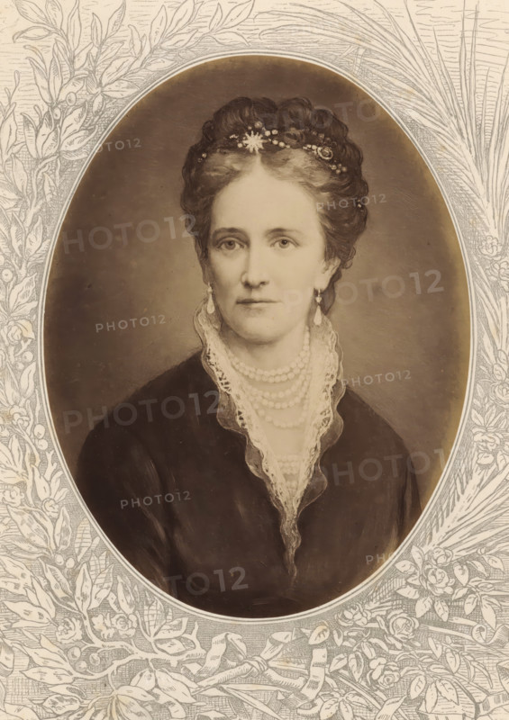 Louise, Queen of Denmark, Photographic reproduction of a painted portrait of Louise, photograph, reproduction, page, after painting by anonymous, c. 1875 - in or before 1880, photographer, paper, albumen print, height 188 mm x width 143 mm, Photo on unnumbered page., Person, Louise Wilhelmina Frederika Caroline Augusta Julia (Queen of Denmark), historical persons - BB - woman, queen, empress, etc. (wife of a ruler), A sepia-toned oval portrait of a woman set against an illustrated floral border shows a middle-aged woman with hair styled up and adorned with a decorative headpiece. She wears drop earrings and multiple strands of pearls around her neck, and a lace-trimmed collar peeks from a dark garment. The background inside the oval is plain and softly shaded, while the surrounding border features detailed line-drawn leaves, flowers, and stems.