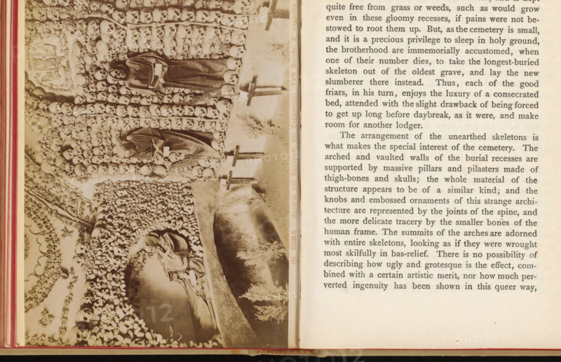 Ossuary of the Santa Maria della Concezione dei Cappuccini in Rome, Roma - Ossario nel Convento dei Cappuccini (XVII Secolo) 3 cappella, photograph, page, number: '191.', Santa Maria della Concezione dei Cappuccini, c. 1855 - in or before 1860, photographer, Rome, paper, albumen print, height 105 mm x width 155 mm, Photo on page 233., charnelhouse, ossuary, An open book spread shows a sepia photograph on the left page and a column of printed text on the right page; the photograph depicts walls and arches densely lined with human skulls and bones arranged in patterns, with two robed figures standing among the skulls and one reclining skeletal figure visible in a recess, all rendered in muted brown tones; the book binding and page edges are visible along the left and bottom margins.