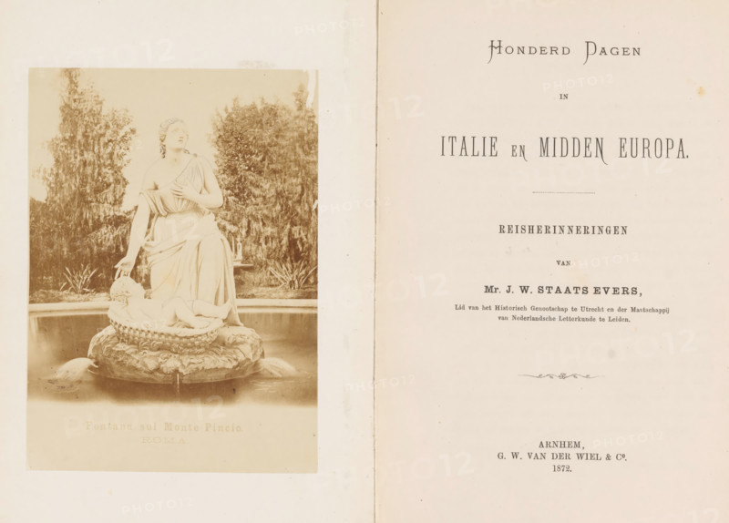 Fountain of Moses in the Villa Borghese in Rome, Fontana sul Monte Pincio, Roma, photograph, page, Rome, after sculpture by anonymous, c. 1867 - in or before 1872, photographer, after sculpture by, paper, albumen print, height 136 mm x width 98 mm, Photo opposite title page., public gardens, park, ornamental fountain, Villa Borghese, A sepia photograph of a classical statue on the left page shows a seated draped female figure with one hand raised to her chest and the other resting near a reclining child figure in a woven basin set on a carved stone pedestal, surrounded by water with part of a fountain edge visible; behind the statue are tall, dense trees and foliage. On the right page there is a mostly blank cream-colored sheet with centered printed lines of various sizes and styles and a small decorative flourish near the lower center, all on aged paper with slight stains and a vertical crease near the inner margin.