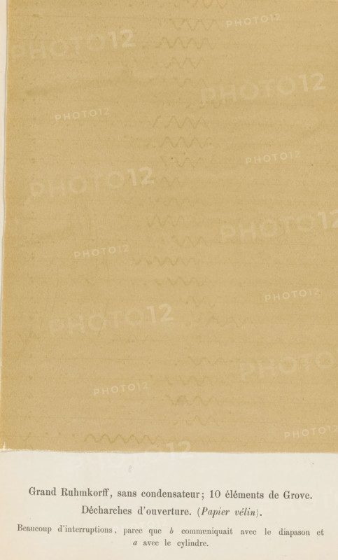 Registration of electricity waves generated by a spark inductor, Grand Ruhmkorff, sans condensateur, 10 elements de Grove. Discharges d'overture. (Papier vélin), photograph, page, number: 'Pl. II*.', inscription: 'Beaucoup d'interruptions, parce que b communiquait avec le diapason et, avec le cylindre.', photographer: Willem Cornelis van Dijk, c. 1865 - in or before 1870, paper, albumen print, height 154 mm x width 116 mm, Photo on fifth unnumbered page after page 368., electrical phenomena, A vertically oriented aged sheet with a warm tan color fills most of the image, showing subtle horizontal lines and faint zigzag impressions running down its center, with slightly darker edges and a thin lighter strip along the left margin; along the bottom edge a narrow off-white border separates the tan area from a pale cream band that contains printed lines of text, and there are small smudges and spots visible on both the tan and cream areas.