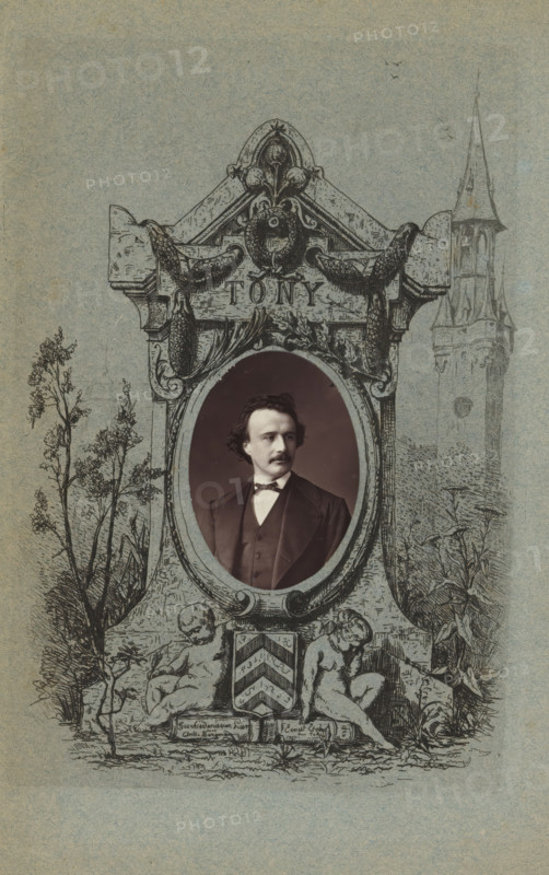 Portrait of Anton Bergmann, page, photomechanical print, c. 1871 - in or before 1875, paper, Woodburytype, height 69 mm x width 49 mm, Print opposite title page., Person, Anton Bergmann, portrait of a writer, An ornate engraved frame with a decorative top and floral and feather motifs surrounds an oval photograph of a man in a dark suit and bow tie, his hair dark and wavy and his expression neutral as he looks slightly to one side; the frame rests on a carved base flanked by two reclining cherubic figures and plant drawings, with tall slender trees on one side and a tall pointed tower sketched in the background on the other.