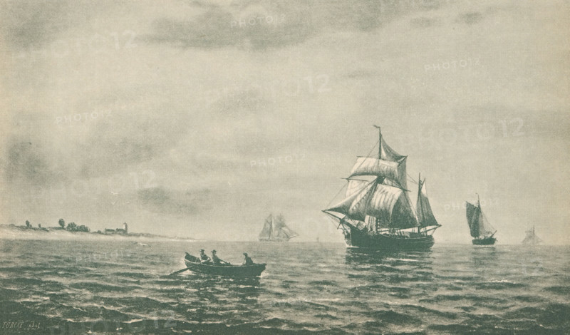 Reproduction of a painting of a seascape with ships off the coast, reproduction, page, photomechanical print, photographer: J. Joop, cliché maker: Adolf Türcke, after painting by anonymous, Munich, c. 1886 - in or before 1891, printer (person), Bavaria, paper, autotypie, height 113 mm x width 190 mm, Print on unnumbered page., sailing-ship, sailing-boat, sea (seascape), A seascape showing several sailing vessels on calm water under a wide, cloudy sky. A large ship with multiple sails is prominent toward the right, its sails partly unfurled and reflected on the water. Smaller sailboats are scattered in the distance, and a rowboat with people aboard is closer to the foreground. A low shoreline with small trees and a structure is visible along the left horizon. The overall image has a muted, monochromatic tone.