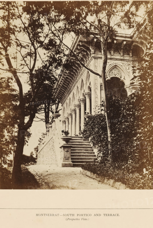 Montserrat - South Portico and Terrace (Perspective View), View of the south portico of the Palácio de Monserrate near Sintra, photograph, page, Sintra, c. 1865 - in or before 1870, photographer, paper, albumen print, albumendruk, height 176 mm x width 144 mm, colonnade, palace, terrace, gate, entrance, Palácio de Monserrate, A sepia-toned photograph shows a stone staircase leading up to an ornate portico with a row of columns supporting an intricately carved entablature and arched openings, flanked by dense foliage and tall trees whose branches extend across the upper part of the image, with decorative urns on pedestals beside the steps and climbing plants along the terrace wall.