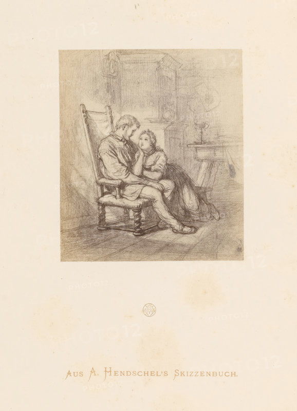 Photo reproduction of a sketch of a couple in love by Albert Hendschel, From A. Hendschel's Sketchbook, photograph, reproduction, This photo is part of a cover with 50 photos on 48 sheets, a list of images and a title page., monogram: 'AH', photographer: Theodor Huth, after drawing by Albert Hendschel, publisher: Ferdinand August Christian Prestel, Frankfurt am Main, c. 1865 - in or before c. 1870, Theodor Huth, Albert Hendschel, Ferdinand August Christian Prestel, photographer, after drawing by, publisher, Hesse, paper, albumen print, height 119 mm x width 103 mm, couple of lovers, A pencil sketch shows a seated man in a high-backed chair with turned legs holding a young woman who sits close beside him with her head resting on her hand, their faces near each other; the chair and the two figures occupy the foreground of a softly shaded interior with suggestion of a table and shelves behind them, and the drawing is centered on a light paper sheet with a small circular emblem below and f...