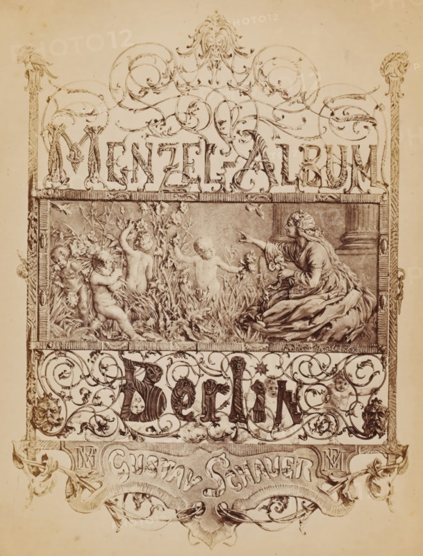 Photographic reproduction of a drawing as an introduction to a book of photographic reproductions of paintings by Adolph Menzel, Menzel Album Berlin, photograph, reproduction, page, photographer: Gustav Schauer, Berlin, after drawing by anonymous, c. 1863 - in or before 1868, paper, albumen print, height 259 mm x width 200 mm, Photo for title page., cupids: 'amores', 'amoretti', 'putti', The image shows an ornate vertical panel with intricate decorative flourishes and scrollwork in a sepia tone. At the top is a decorative crest with swirling leaflike motifs and symmetrical curves. Below that is a rectangular framed scene depicting a seated woman in flowing drapery reaching toward a group of nude cherubic children among tall grasses and flowers, the children shown in various playful poses. The frame around this scene features carved ornamental details and columns at the edges. Beneath the framed scene is a band of dense filigree with stylized faces, small figures, and scroll patterns wo...