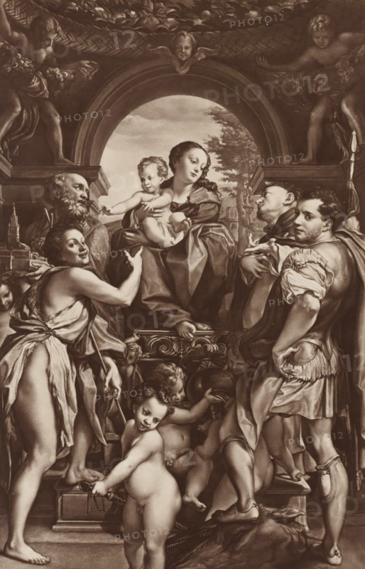 Correggio: Madonna of Saint George, Photo reproduction of the painting Madonna with Child and Saint George by Correggio, photograph, reproduction, page, publisher: Photographische Gesellschaft Berlin, Berlin, c. 1870 - in or before 1875, photographer, paper, albumen print, albumendruk, height 225 mm x width 147 mm, Photo on unnumbered page., the warrior martyr George (Georgius), possible attributes: banner (red cross on white field), (red) cross, dragon, (white) horse, broken lance, shield (with cross), sword, Mary sitting or enthroned, the Christ-child in front of her, sitting in her lap (or in front of her bosom) (donor(s), supplicant(s), whether or not with patron saint(s)), A group of people and children arranged around a central seated woman holding a baby, all set beneath a large arched architectural opening. The seated woman wears draped garments and looks slightly downward while cradling the infant who reaches outward. Around them stand several adults in varied classical attire...