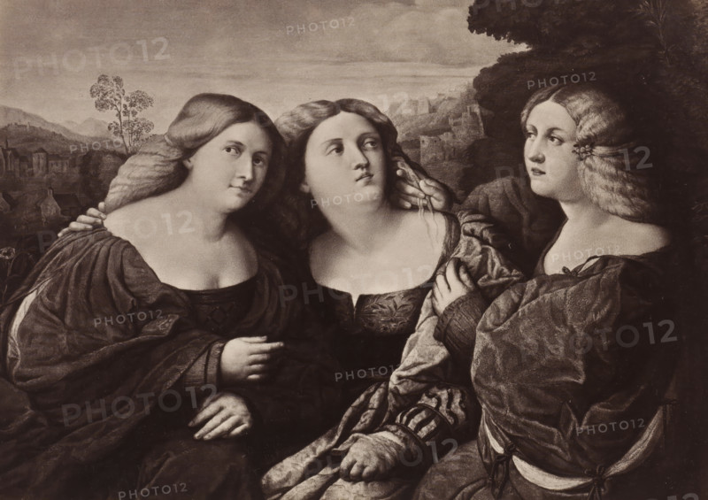 Photo reproduction of the painting The Three Sisters by Jacopo Palma il Vecchio, Palma Vecchio: Die drei Schwestern, photograph, reproduction, page, after painting by Jacopo Palma (il Vecchio), publisher: Photographische Gesellschaft Berlin, Berlin, c. 1870 - in or before 1875, photographer, paper, albumen print, height 173 mm x width 240 mm, Photo on unnumbered page., sisters (second degree family relationships), Three young women sit closely together in a classical-style portrait, each wearing draped garments with visible folds and textured fabrics. The woman on the left faces slightly toward the center with long wavy hair over her shoulder and a low neckline, one hand resting near her chest and another touching the shoulder of the central figure. The central woman looks upward and slightly to the right, her hair parted in the middle and falling around her face, while a hand from the right reaches toward her hair and a hand rests near her chest. The woman on the right gazes toward th...