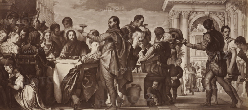 Photo reproduction of the painting The Wedding at Cana by Paolo Veronese, P. Veronese: Die Hochzeit zu Cana, photograph, reproduction, page, after painting by Paolo Veronese, publisher: Photographische Gesellschaft Berlin, Berlin, c. 1870 - in or before 1875, photographer, paper, albumen print, height 123 mm x width 276 mm, Photo on unnumbered page., the marriage-feast at Cana (John 2:1-11), A large banquet scene fills the image with many people gathered around a long table covered by a draped cloth. Figures wear historical garments with flowing cloaks, doublets, and ornate collars, and several men hold shallow cups or goblets raised toward the table. A central seated figure with long hair and a calm expression faces forward, surrounded by attendants and guests leaning in and conversing. A standing server in the foreground extends an arm holding a cup, while another attendant pours from a vessel behind him. Children appear near the floor at the front, one seated and cradling a small an...