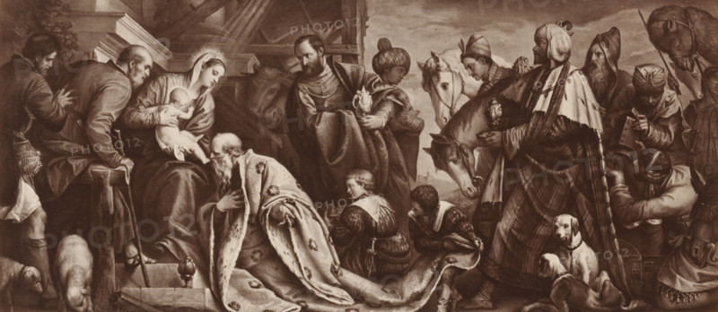 Photo reproduction of the painting The Adoration of the Magi by Paolo Veronese, P. Veronese: Die Anbetung der Könige, photograph, reproduction, page, after painting by Paolo Veronese, publisher: Photographische Gesellschaft Berlin, Berlin, c. 1870 - in or before 1875, photographer, paper, albumen print, height 119 mm x width 269 mm, Photo on unnumbered page., adoration of the kings: the Wise Men present their gifts to the Christ-child (gold, frankincense and myrrh), A crowded indoor scene with a group of people gathered around a seated woman holding a naked infant, an older man kneeling before them with a richly patterned cloak and a long beard, and several standing and kneeling figures offering small ornate containers. A figure behind the seated woman looks down at the child while another bearded man stands nearby wearing layered garments and a medallion. A horse's head appears among the group, and a donkey is visible in the background inside a rustic wooden structure. Children in per...