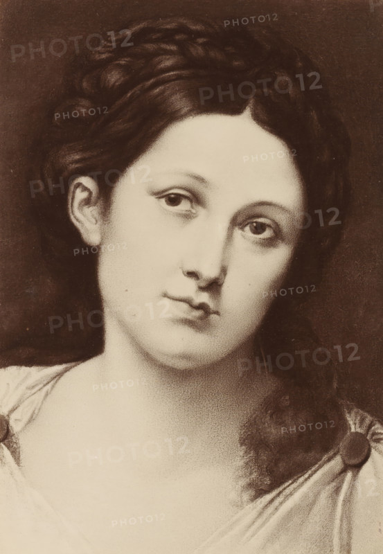 A. Varotari: Study Head, Photographic reproduction of a painting of a portrait study by Padovanino, photograph, reproduction, page, after painting by Padovanino, publisher: Photographische Gesellschaft Berlin, Berlin, c. 1870 - in or before 1875, photographer, paper, albumen print, height 242 mm x width 167 mm, Photo on unnumbered page., historical persons not known by name - BB - woman, A sepia-toned close-up portrait of a young woman with softly shaded skin and dark wavy hair pulled back and braided, showing a calm, neutral expression with slightly downcast eyes, gently arched eyebrows, a straight nose, and full lips. Her ear is visible on one side and a lock of hair falls over one shoulder. She wears a draped garment with visible folds and a rounded clasp at the shoulder. The background is plain and darker, creating contrast with her face and clothing.