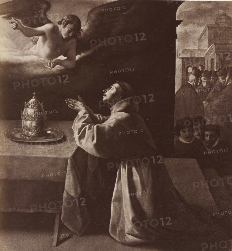 Fr. Zurbaran: St. Cölestin, Photo reproduction of the painting The Prayer of Saint Bonaventure by Zurbarán, photograph, reproduction, page, after painting by Francisco de Zurbarán, publisher: Photographische Gesellschaft Berlin, Berlin, c. 1870 - in or before 1875, photographer, paper, albumen print, height 198 mm x width 185 mm, Photo on unnumbered page., one person praying, Bonaventura, cardinal bishop of Albano and Minister General of the Franciscan Order, possible attributes: book, cardinal's hat (sometimes hanging from a tree), crucifix (sometimes flowering), A monochrome scene showing a robed figure kneeling with hands clasped and head tilted upward toward an angelic figure above, the angel appearing with wings and an outstretched arm emerging from a cloud; a decorative ornate object sits on a tray on a raised surface beside the kneeling figure; a group of people wearing dark garments is visible in a separate architectural panel at the right, with arches and a building in the bac...