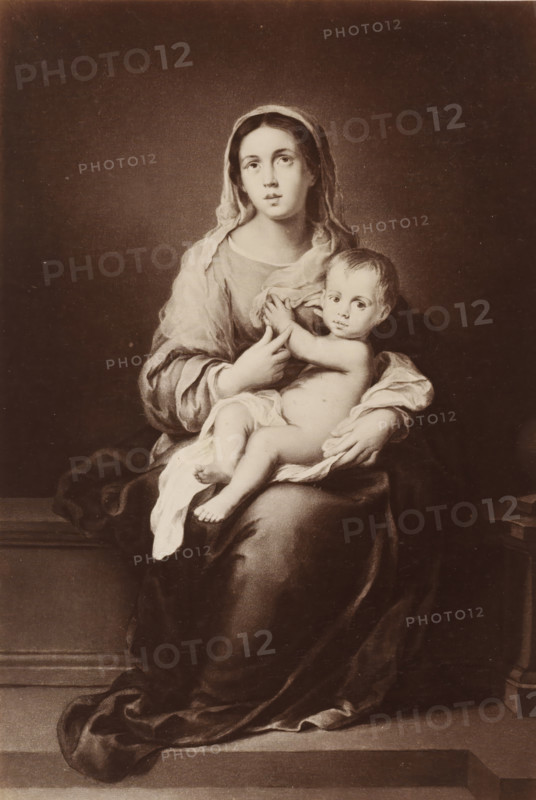 Photo reproduction of the painting Mary with Child by Murillo, Murillo: Madonna, photograph, reproduction, page, publisher: Photographische Gesellschaft Berlin, Berlin, c. 1870 - in or before 1875, photographer, paper, albumen print, height 242 mm x width 165 mm, Photo on unnumbered page., Mary sitting or enthroned, the Christ-child in front of her in her lap (or in front of her bosom), A seated woman wearing a draped head covering and flowing garments holds a nude infant on her lap, the woman looking slightly upward with a calm expression and the infant looking toward the viewer with one arm raised and legs resting across the woman's knees, folded cloths and drapery surround them and a simple architectural ledge is visible beneath their seat.
