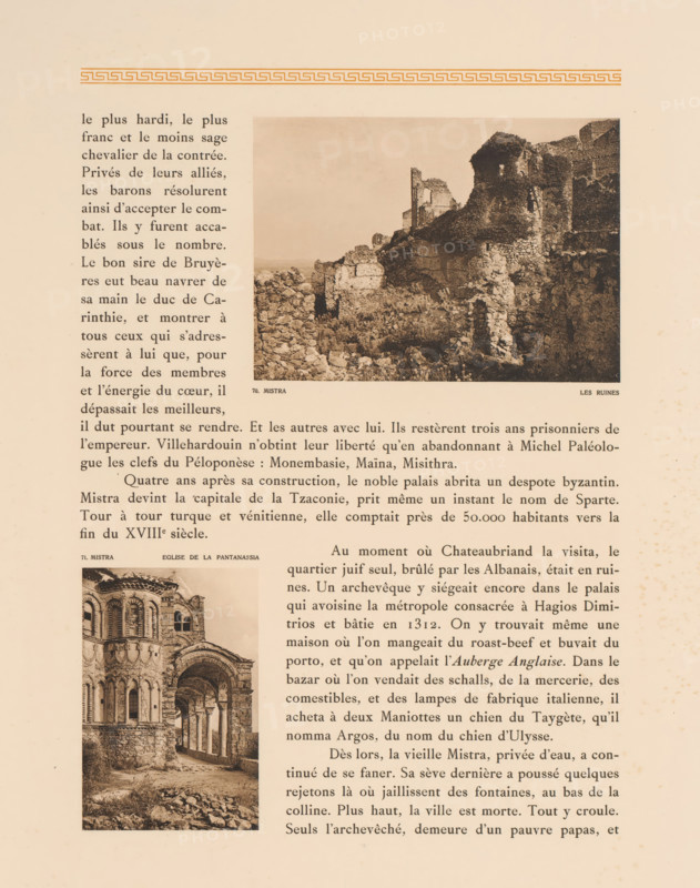 Ruins of Mystras near Sparta, Mistra, les ruines, page, photomechanical print, number: '70.', photographer: Frédéric Boissonnas, Mystras, cliché maker: Meisenbach, Riffarth & Cie., Berlin, c. 1905 - in or before 1910, Pelopónnesos, paper, collotype, photoprint, height 109 mm x width 153 mm, Photo on page 73., landscape with ruins, A sepia-toned page from a book with a decorative horizontal border near the top, featuring two photographic images of stone architecture and ruins alongside columns of printed text; the larger image at the top right shows a rugged hillside of crumbling stone walls and ruined structures with rough masonry and vegetation, while a smaller image lower on the left depicts an ornate stone building with arched openings and detailed facade elements, both images framed by margins and surrounded by blocks of printed paragraphs.