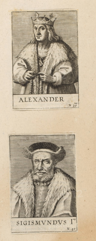 Portrait of Stefanus Báthory, print, album page, book illustration, Numbered: 43. Print is part of an album., after design by Johann Hogenberg (possibly), publisher: Gottfried von Kempen, Cologne, 1574 - 1594, printmaker, North Rhine-Westphalia, paper, woodcut, height 117 mm x width 83 mm, Print used in: Mylius, Arnold. Principum et Regum Polonorum Imagines ad Vivum Expressae, 1594., Person, Stefanus Báthory, historical persons, ruler, sovereign, A vertical sheet shows two engraved rectangular portraits stacked with space between them, each portrait bordered and printed in black on aged tan paper. The upper portrait depicts a crowned man with shoulder-length hair wearing a thick fur-lined robe and clasping a braided cord at chest level; a pendant hangs at his throat and horizontal engraved lines fill the background. The lower portrait shows an older man with a short beard and mustache wearing a rounded hat with fur trim, a buttoned garment under a heavy fur-lined cloak, and a lined bac...
