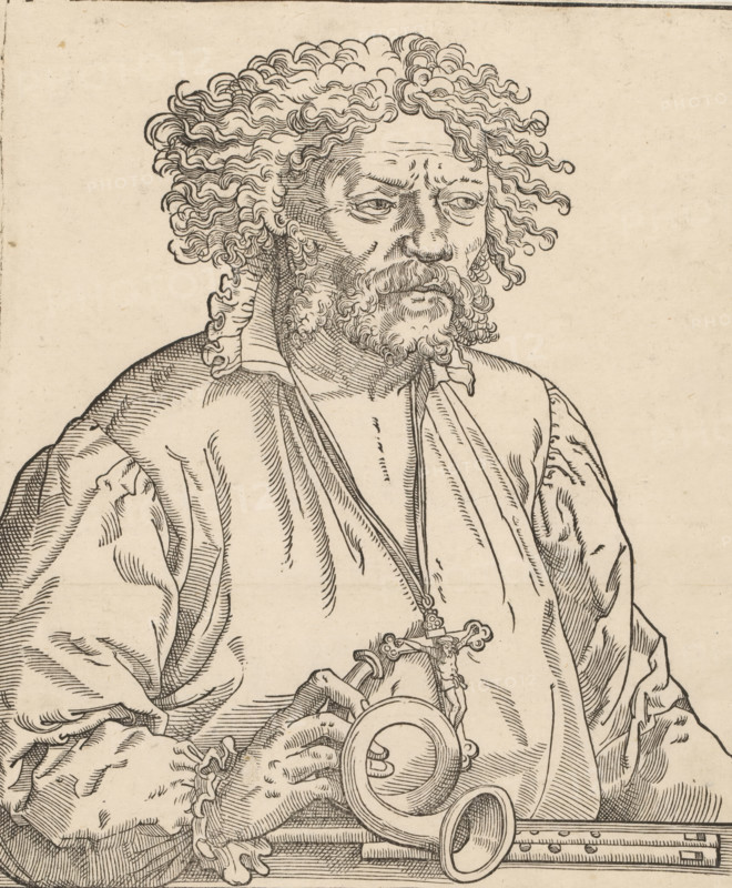 Portrait of an unknown man with a cross on a chain and a horn, print, album page, Print is part of an album., after design by Tobias Stimmer (possibly), 1549 - 1584, printmaker, paper, woodcut, height 243 mm x width 200 mm, historical persons, horn, trumpet, cornet, trombone, tuba, A detailed ink drawing of a bearded man shown from the torso up, with curly hair framing his head and a furrowed brow, wearing loose draped clothing and a collar, a pendant hanging from his neck, one hand holding a coiled horn-like object and resting near a chain or clasp, the garments and hands rendered with fine parallel hatching and contour lines against a plain background.