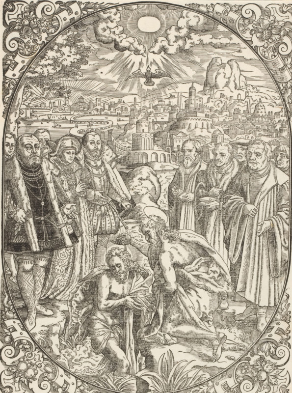 Baptism of Christ, print, album page, book illustration, Print is part of an album., printmaker: Jost Amman, after design by Tobias Stimmer (possibly), 1549 - 1591, paper, woodcut, height 234 mm x width 174 mm, baptism of Christ in the river Jordan: John the Baptist pouring out water on Christ's head: the Holy Ghost descends, A detailed black and white engraving framed by ornate floral and scroll borders shows a group of clothed figures standing on either side of a central scene where two nearly naked men kneel and tend to a seated bearded man, their bodies rendered with muscular detail and flowing drapery. Behind them a row of robed and fur-clad figures observe, some holding books or gesturing, with varied facial hair and distinct period clothing including cloaks, collars, and hats. The middle and background reveal a sprawling cityscape of towers, domes, bridges, and clustered buildings stretching to the horizon under a sky filled with radiating light, stylized clouds, and a bird desc...