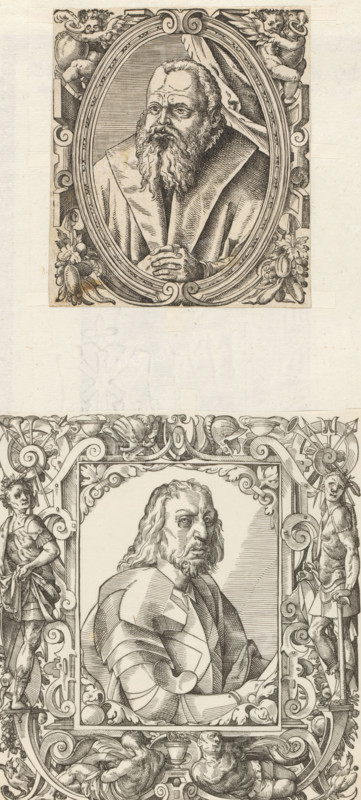 Portrait of Anton de Franckenpoint, print, album page, book illustration, Text in German in the margins. Print is part of an album., annotation, printmaker, printer (person), grantor of privilege, Strasbourg (France), Attributed to, Tobias Stimmer, paper, woodcut, letterpress printing, woodcut and text in letterpress, height 291 mm x width 162 mm, The text describes that the length of 'long Anton' was sixteen times the line below the text (142 mm)., Person, Anton de Franckenpoint, historical persons, A vertical engraving showing two framed male portraits stacked with ample blank space between them, each portrait set within ornate decorative borders; the upper portrait depicts an older bearded man with curly hair and a long beard, wearing a cloak and leaning forward with clasped hands, surrounded by an oval frame embellished with scrolls, cherubic figures, and floral motifs; the lower portrait shows a man with shoulder-length hair and a beard wearing stylized armor, facing three quarter...
