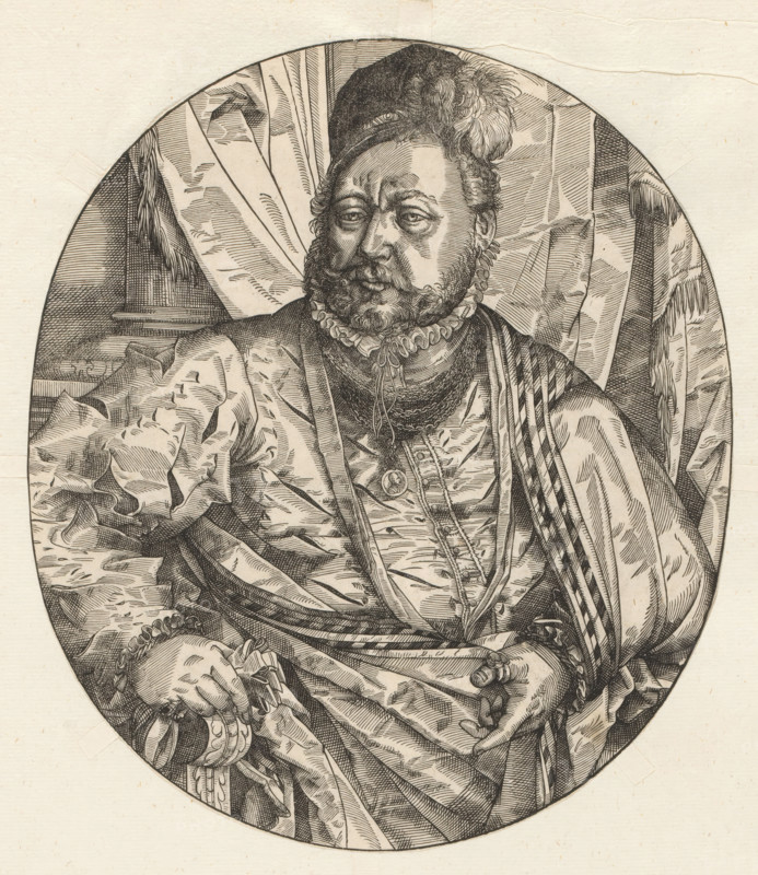 Portrait of Otto Heinrich von Schwarzenberg, print, album page, book illustration, Print is part of an album., printmaker, after design by, paper, woodcut, height 218 mm x width 188 mm, Person, Otto Heinrich von Schwarzenberg, historical persons, politician, eg party leader, A detailed black and white engraved portrait of a bearded man shown from the waist up within an oval frame, wearing a hat with a feather, a ruffled collar, layered necklaces, and richly textured draped clothing; his facial features include a furrowed brow, mustache, and full beard, and his hands rest in his lap holding a small rounded object and the folds of fabric; behind him are heavy curtains and a column visible at the edge of the oval, and the engraving shows fine crosshatching and intricate line work throughout.