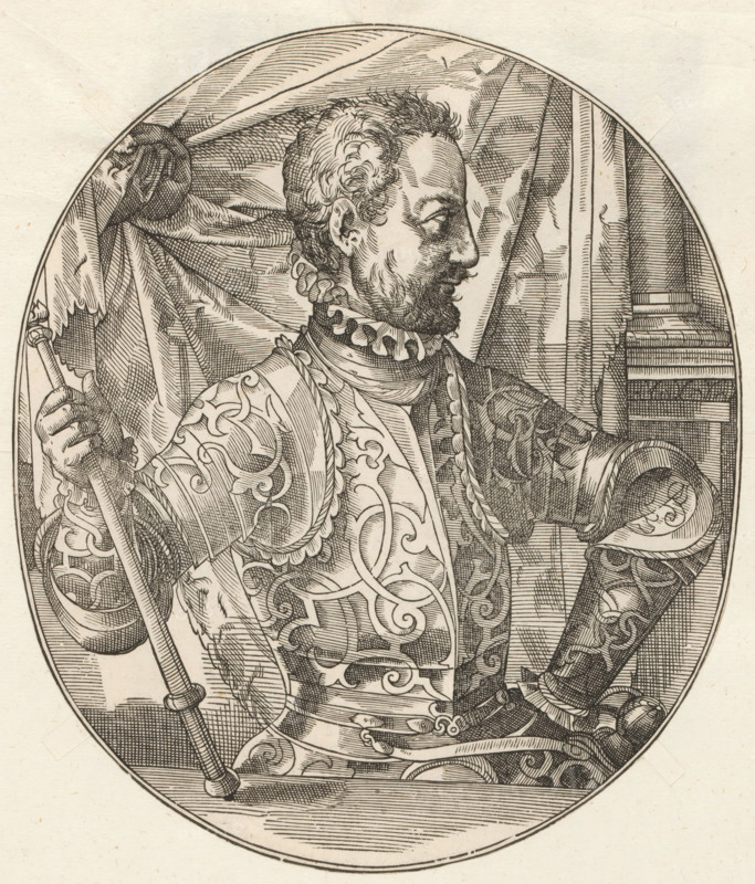 Portrait of Henry II, King of France, print, album page, book illustration, Print is part of an album., printmaker, after design by, paper, woodcut, height 214 mm x width 185 mm, Person, Henry II (King of France), historical persons, king, military clothing and other equipment (uniforms, cap, armor, helmet, etc.), A finely detailed oval engraving of a bearded man in ornate armor shown in profile, facing right, with closely cropped curly hair and a ruffled collar; his armor and sleeves display elaborate scrollwork and decorative patterns, and he holds a staff or scepter in his left hand while a draped curtain fills the background on the left and architectural elements appear on the right, all rendered with dense, parallel and crosshatched lines on a pale paper.