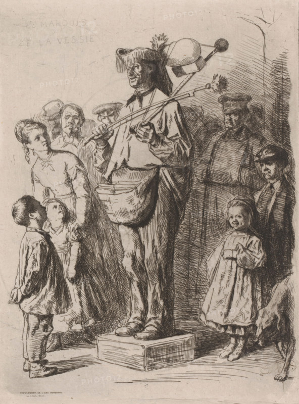 Singer with a stringed instrument surrounded by listeners, Le marquis de la vessie, print, printmaker: Léopold Flameng, printer (person): F. Nys, Brussels, 1841 - 1879, printer (person), paper, etching, intaglio printmaking technique, height 297 mm x width 222 mm, dog, listening to music - CC - out of doors, string instruments (bowed), A tall figure stands on a small platform wearing a wide-brimmed hat with decorative plumes and a long cloak, holding two long sticks with bulbous ends and a basket at the waist; a group of adults and children stand around the figure looking toward it, with some faces turned upward and varied expressions; a girl in a dress stands near the foreground with hair tied back and a bow at her neck, a small child stands beside her looking up, and a boy in a coat faces the central figure; on the right a woman and a man in a cap are partially visible among shaded crosshatched background lines, and another child in a dress stands nearer the right edge holding fabric...