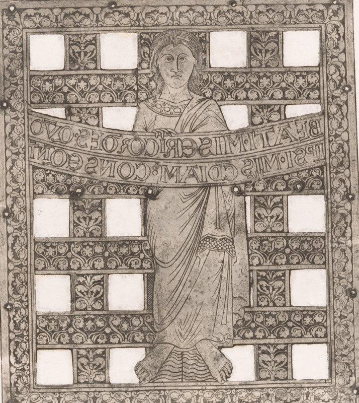 Part of the crown of Charlemagne, Facsimile of the plates of the crown of Charlemagne, print, Germany, 1850 - 1880, printmaker, paper, etching, intaglio printmaking technique, height 243 mm x width 210 mm, Part of a series of sixteen prints after the plates of the crown of Charlemagne. The copper plate is perforated to imitate the original., crown (symbol of sovereignty), North Rhine-Westphalia, Aachen, Cathedral (Aachen), A grayscale rectangular artwork shows a frontal figure framed by patterned panels and decorative borders; the figure has shoulder-length hair, a neutral facial expression, and is depicted wearing draped robes with visible folds and a patterned neckline, hands resting on a curved banner that crosses the chest, and feet visible at the lower edge standing on a textured base; surrounding the figure are alternating square panels of plain light rectangles and dark ornate floral motifs arranged in a grid, with an outer border of repeating floral and leaf designs and small c...