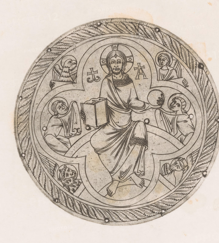 Part of the crown of Charlemagne, Facsimile of the plates of the crown of Charlemagne, print, Germany, 1850 - 1880, printmaker, paper, etching, intaglio printmaking technique, height 191 mm x width 192 mm, Part of a series of sixteen prints after the plates of the crown of Charlemagne. This is a modern print of a plate from the twelfth century., crown (symbol of sovereignty), North Rhine-Westphalia, Aachen, Cathedral (Aachen), A circular carved or engraved medallion with a central seated figure wearing a robe and halo, holding a sphere in one hand and a book in the other, surrounded by four smaller haloed figures and four winged creature heads in quadrants, all rendered in thin dark lines on a light, slightly speckled background, with a decorative braided or leaf-pattern border around the outer edge and small round rivet-like marks at intervals along the rim.