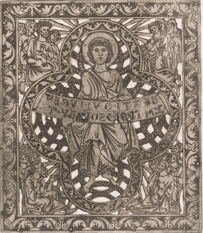 Part of the crown of Charlemagne, Facsimile of the plates of the crown of Charlemagne, print, Germany, 1850 - 1880, printmaker, paper, etching, intaglio printmaking technique, height 247 mm x width 214 mm, Part of a series of sixteen prints after the plates of the crown of Charlemagne. The copper plate is perforated to imitate the original., crown (symbol of sovereignty), North Rhine-Westphalia, Aachen, Cathedral (Aachen), A grayscale ornate illustration framed by a decorative border filled with scrolling foliage and small circular dots surrounds a central figure with a halo and stylized curly hair, wearing draped robes and holding a broad banner across the chest; radiating patterned circles and interlaced geometric designs form loops behind the figure. Flanking the central figure are groups of robed figures with varied hand gestures and contemplative expressions, some seated and some standing, arranged symmetrically in the corners and along the sides. Intricate patterned fills, small ...