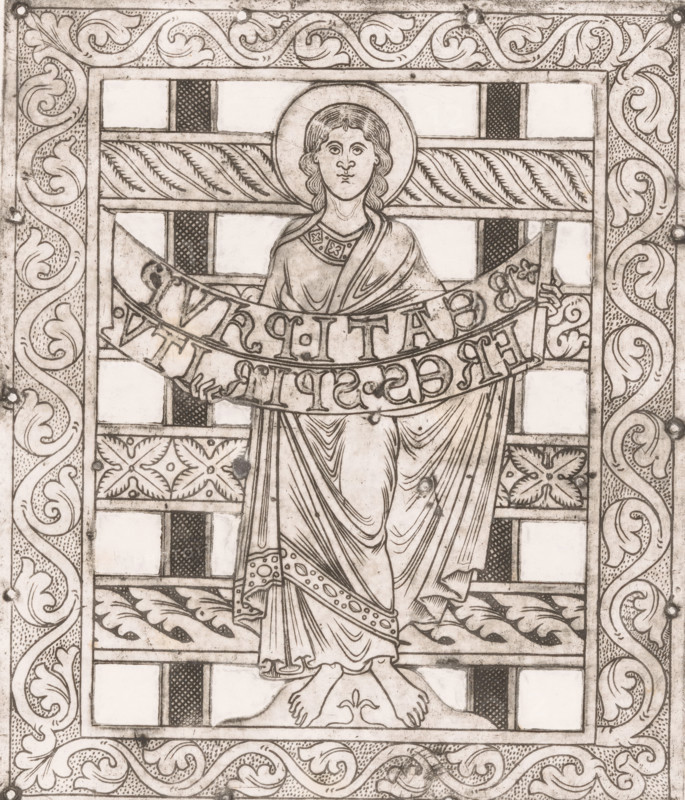 Part of the crown of Charlemagne, Facsimile of the plates of the crown of Charlemagne, print, Germany, 1850 - 1880, printmaker, paper, etching, intaglio printmaking technique, height 245 mm x width 208 mm, Part of a series of sixteen prints after the plates of the crown of Charlemagne. The copper plate is perforated to imitate the original., crown (symbol of sovereignty), North Rhine-Westphalia, Aachen, Cathedral (Aachen), A monochrome line drawing of a robed figure standing frontally within a decorative rectangular frame, the figure has shoulder-length hair, a halo around the head, and a calm facial expression; the robe shows flowing drapery lines and patterned trim, and the figure holds a curved banner across the chest with stylized lettering; the background consists of alternating patterned and plain rectangular panels with leaf and cross motifs, and the border around the scene is filled with scrolling acanthus-like foliage and dotted texture; the figure stands barefoot on a stylize...