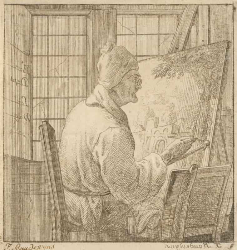 Portrait of the artist Frans Adriaensz. Boudewyns, print, Boudewyns sits at his easel and works on a landscape. He wears a hat and a dressing gown, signature: 'F. Baudewyns', printmaker: attributed to François Boudewyns, Brussels, c. 1710 - c. 1767, Attributed to, paper, etching, height 123 mm x width 115 mm, workshop, studio, painter, A sepia-toned line drawing showing a seated person in profile facing an easel, wearing a loose garment and a head covering, with visible facial features and an outstretched hand holding brushes toward a canvas that shows rough tree-like shapes; the person sits on a wooden chair with vertical slats, and behind them is a window with grid-like panes and visible cracks, flanked by wooden wall panels and structural beams.