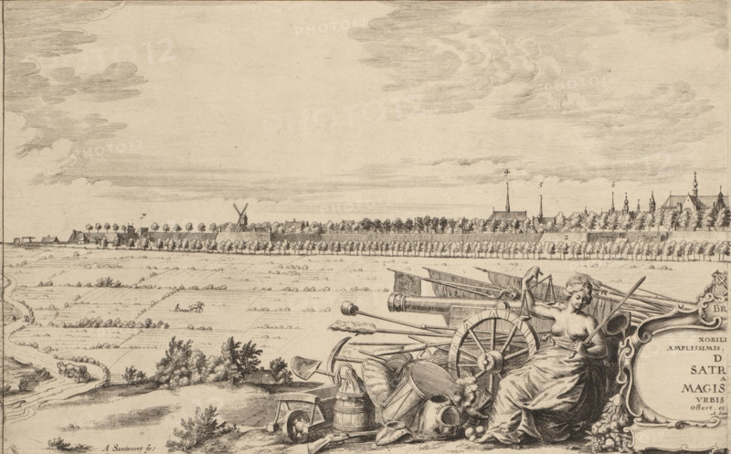View of Breda from the northwest (left sheet), print, Justitia sits next to a cartouche. Beside and behind her lie weapons, parts of armor, and agricultural implements. In the distance, a view of the city of Breda with the nave of the Grote Kerk on the right., printmaker: Abraham Dircksz. Santvoort, Netherlands, 1645, paper, etching, height 207 mm x width 325 mm, city-view, and landscape with man-made constructions, Justice, 'Justitia', 'Giustitia divina' (Ripa), one of the Four Cardinal Virtues, weapons, military clothing and other equipment (uniforms, cap, armor, helmet, etc.), agricultural implements, Breda, Grote Kerk (Breda), A wide landscape drawing shows a distant walled town with rows of trees along its walls, steeples and towers rising above the tree line, and a windmill among buildings. In the foreground there is a reclining partially draped classical female figure leaning against an ornate cartouche, surrounded by an assortment of objects including a large wagon wheel, barre...