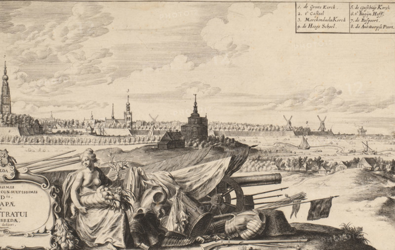 View of Breda from the northwest (right sheet), print, The personification of abundance sits next to a cartouche. On her lap lies a horn of plenty. In her left hand she holds a laurel branch and an oak branch(?). Beside and behind her lie weapons and parts of armor. In the distance a view of the city of Breda with the tower of the Grote Kerk on the left., printmaker: Abraham Dircksz. Santvoort, Netherlands, 1645, paper, etching, height 208 mm, width 332 mm, city-view, and landscape with man-made constructions, weapons, Abundance, 'Abondanza', 'Abondanza maritima' (Ripa), military clothing and other equipment (uniforms, cap, armor, helmet, etc.), Breda, Grote Kerk (Breda), A wide engraved landscape showing a distant fortified town with walls, towers, and spires rising above rows of trees, flanked by windmills near the horizon and small sailing boats on a river in front of the town; in the foreground a reclining partially draped female figure holds fruit and foliage beside a pile of mili...
