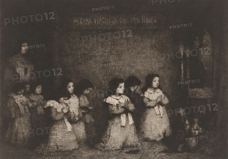The Prayer, Group of girls in prayer before a statue of the Virgin Mary, Eaux-Fortes Modernes: Originales et Inédites, print, Series number, 5, 60, printmaker: Théodule Augustin Ribot, printer (person): Delâtre, Paris, publisher: Cadart & F. Chevalier, A., 1862, printer (person), paper, etching, intaglio printmaking technique, height 235 mm x width 316 mm, Part of the first volume of a series of prints by the Société des Aquafortistes from 1862. Plate 5., (public) prayer, nun(s), A dimly lit scene rendered in dark crosshatched tones shows a row of girls kneeling with hands clasped or held to their chests, wearing light-colored dresses with sashes; some faces are turned to the side while others look forward, and a few girls hold cloths or small objects. On the left a woman stands partially in shadow watching the group, and on the right a shadowy figure stands near a ledge with a small arrangement of flowers below. The background is textured with dense line work and darker areas around t...