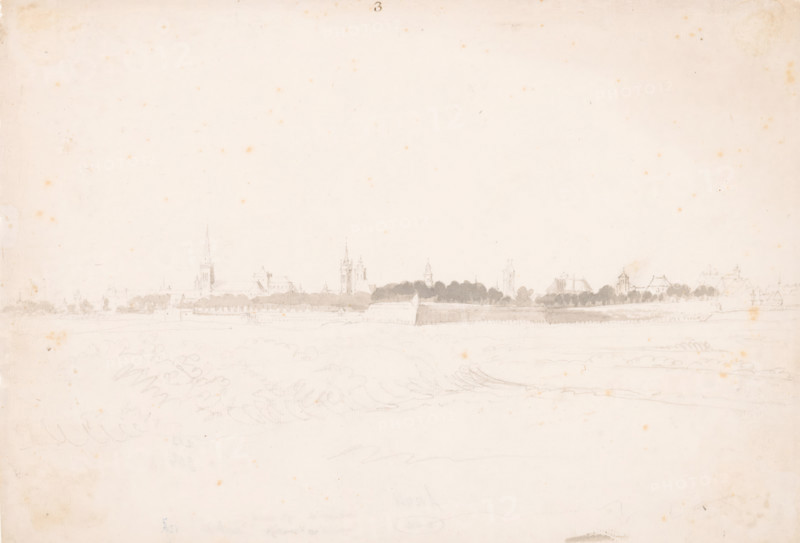 View of Kamerijk, drawing, inscription: '3', 1700 - 1800, draftsman (artist), paint (coating), paper, pencil, watercolor (paint), brush, height 215 mm x width 304 mm, prospect of city, town panorama, silhouette of city, Cambrai, A wide, pale paper sheet with a faint horizontal sketch of a distant town skyline near the top edge, showing light graphite outlines of church spires, towers, rooftops, and a low wall, with a band of shaded treetops behind the wall; the lower area contains very light, loose pencil marks suggesting foreground terrain and curving lines, and the paper surface shows scattered small brownish spots and slight discoloration around the edges.