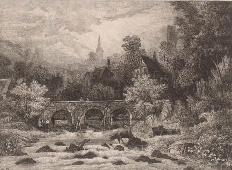 Landscape with village in a mountain valley along a river with bridge, print, printmaker: Auguste Numans, printer (person): Joseph Bouwens, Brussels, 1833 - 1879, printer (person), paper, chine collé, etching, intaglio printmaking technique, roulette, height 198 mm x width 275 mm, prospect of village, silhouette of village, bridge in village across river, canal, cow, river (landscape with figures, staffage), A detailed monochrome engraving showing a river in the foreground with flowing water, rocks, and a submerged log, a cow standing on the near bank, and vegetation along the shores; behind the river is a stone bridge with arches and wooden braces, two small human figures walking near the bridge, and clustered buildings and houses partially obscured by trees; further back are tall trees and a church spire rising above the foliage, with clouds filling much of the sky and dense tree cover framing the scene on the right.