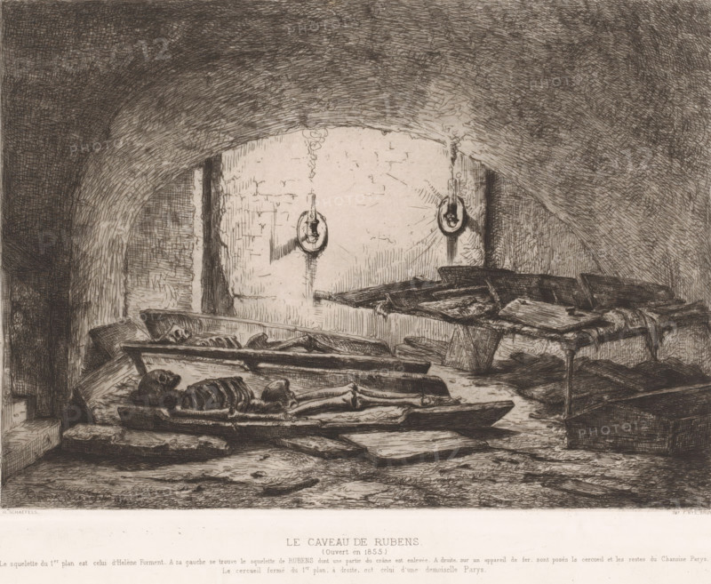 Rubens' burial vault with two skeletons in an open coffin, Le caveau de Rubens (ouvert en 1855), print, The front skeleton is Helena Fourment, the rear skeleton is Peter Paul Rubens. The closed coffin on the right is that of an unknown Parisian woman., printmaker: Henri François Schaefels, printer (person): F. Nys, Brussels, 1874, Henri François Schaefels, F. Nys, printmaker, printer (person), paper, chine collé, etching, intaglio printmaking technique, retroussage, plate tone and retroussage on chine collé, printed from two plates (text and image separately), height 192 mm x width 265 mm, A dim vaulted chamber rendered in monochrome with heavy crosshatching shows an arched ceiling and textured stone walls. Several open coffins and wooden planks rest on uneven flooring, some tilted and stacked. Exposed skeletal remains lay within the foreground coffin, including a skull and ribcage. Additional bones and fragments are visible in other coffins and on the floor. Two round metal rings hang...