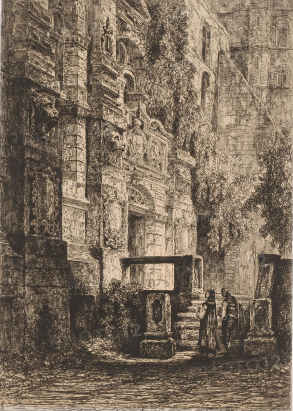 Two figures at the facade of the castle in Heidelberg, print, printmaker: François Stroobant, printer (person): Delâtre, Paris, 1867, printer (person), paper, chine collé, etching, intaglio printmaking technique, height 278 mm x width 197 mm, A monochrome etching showing a large ornate stone building facade with carved reliefs, decorative panels, and sculpted faces protruding from the walls, framed by arched doorways and heavy masonry; climbing vegetation cascades down one side of the structure and fills parts of the scene, while a flight of stone steps leads up between carved balustrades to an entrance; in the foreground two robed figures stand on the steps near a pedestal, and additional figures are visible higher on the stairs; detailed crosshatching and fine linework create shadows and texture across the stone surfaces and surrounding foliage.