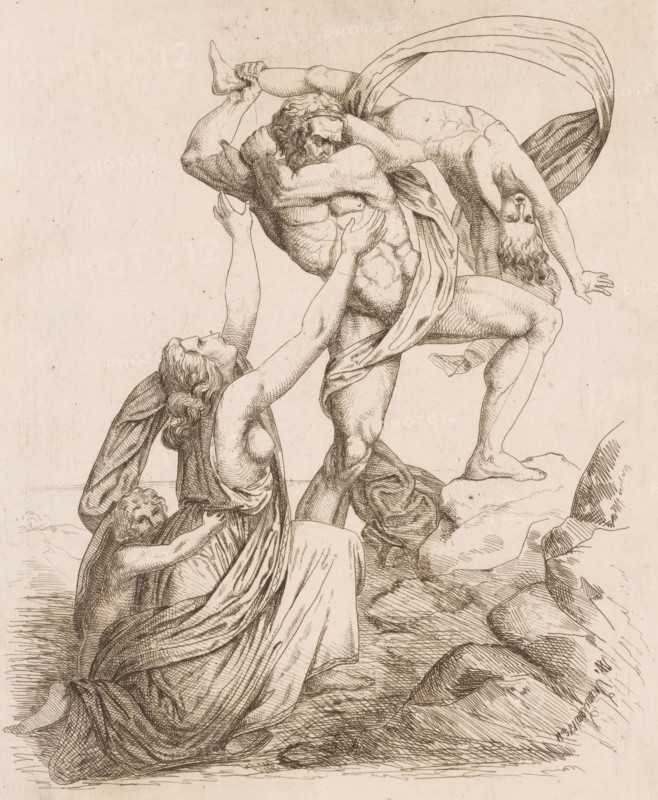 Achilles slams Astyanax against the rocks, print, printmaker: Heinrich Vianden, Germany (possibly), 1836, paper, etching, intaglio printmaking technique, height 263 mm x width 220 mm, Astyanax is snatched away from Andromache, Astyanax is hurled down from the battlements of Troy, A detailed line drawing of muscular figures engaged in a dramatic scene on rocky ground, showing a central bearded man lifting a limp, draped figure overhead while a woman kneels reaching toward them and a small child clings to her back; the figures wear flowing drapery with detailed folds, the standing man's muscles are heavily shaded, hair is rendered in curls and waves, and the composition includes textured rock formations and hatched background shading.